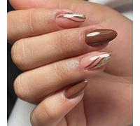 MultiStyle Coffee Brown Fake Nails Featuring Abstract Line Patterns Easy Application Reusable Artificial Nails 24pcs Manicure Maple Glitters Nail