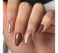 MultiStyle Coffee Brown Fake Nails Featuring Abstract Line Patterns Easy Application Reusable Artificial Nails 24pcs Press On Nail Coffee Glitters