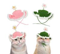 MultiValue 2 PCS Cat Part Hat, Cute Flower Adjustable Headwear with Holes for Cat Ears 5.5-16.5 lbs Knitted Party Hat for Cats (2, Green+Pink)
