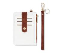 MultiValue RFID Card Holder Wallet, Wristlet Wallet with Keychain PU Leather Slim Card Wallet with 9 Card Slots 1 ID Window and Zipper Pocket, White-Brown, Retro