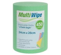 MultiWipe 1 x 450 Green J Cloth Style Cleaning Cloths On A Roll | Made With 30% Wood Pulp | 24cm x 28cm Perforated Cloths | £0.059p per cloth