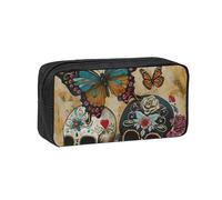Muluhuo Sugar Skulls Butterfly Print Large-Capacity Pen Case Stationery Organizer Pouch for Office Travel Daily Wear