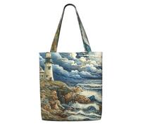 MULUHUO The Seaside Lighthouse Print Canvas Shoulder Bag Large Capacity Tote Travel Beach Picnic Holiday Everyday Use