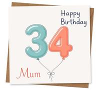 Mum 34th Birthday Card - Happy Birthday Balloon Number Design for Mother