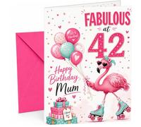 Mum 42nd Birthday Card Flamingo on Roller Skates & Balloons | Large A5 Card with Printed Inside Message; Bright pink and teal with a roller-skating flamingo for Mum 42nd Birthday