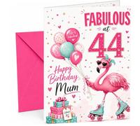 Mum 44th Birthday Card Flamingo on Roller Skates & Balloons | Large A5 Card with Printed Inside Message; Bright pink and teal with a roller-skating flamingo for Mum 44th Birthday