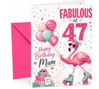 Mum 47th Birthday Card Fabulous Flamingo on Roller Skates | Large A5 Card with Printed Inside Message; Bright pink-and-teal for Mum 47th Birthday