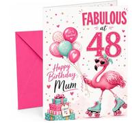 Mum 48th Birthday Card Flamingo on Roller Skates & Balloons | Large A5 Card with Printed Inside Message; Playful flamingo on roller skates with pastel balloons for Mum 48th Birthday