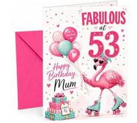 Mum 53rd Birthday Card Flamingo on Roller Skates & Balloons | Large A5 Card with Printed Inside Message; Bright pink and teal for Mum 53rd Birthday