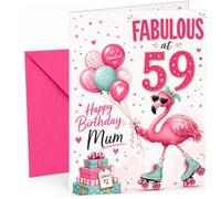 Mum 59th Birthday Card Fabulous Flamingo on Roller Skates | Large A5 Card with Printed Inside Message; Cheerful flamingo-on-roller-skates with “Fabulous at 59” for Mum 59th Birthday