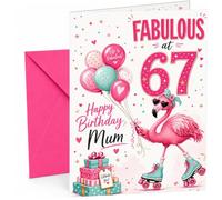 Mum 67th Birthday Card Flamingo on Roller Skates & Balloons | Large A5 Card with Printed Inside Message; Cheerful flamingo-on-roller-skates with balloons, confetti for Mum 67th Birthday