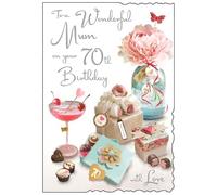 Mum 70th Birthday Card - Wonderful Mum - Age 70 - Special Finishes and Illustrated Insert Leaf - Artistic Feminine Design - Cocktail and Chocolates - Made in the UK
