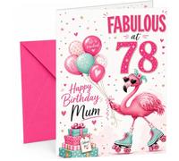Mum 78th Birthday Card Flamingo on Roller Skates & Balloons | Large A5 Card with Printed Inside Message; Playful flamingo on roller skates with pastel balloons for Mum 78th Birthday