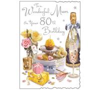 Mum 80th Birthday Card - Wonderful Mum - Age 80 - Special Finishes and Illustrated Insert Leaf - Artistic Feminine Design - Cupcake and Flowers - Made in the UK