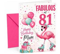Mum 81st Birthday Card Flamingo on Roller Skates & Balloons | Large A5 Card with Printed Inside Message; Playful pink-and-teal for Mum 81st Birthday