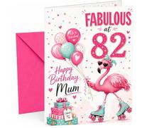 Mum 82nd Birthday Card Fabulous Flamingo on Roller Skates | Large A5 Card with Printed Inside Message; Cheerful pink flamingo in heart sunglasses and roller skates for Mum 82nd Birthday