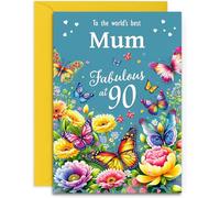 Mum 90th Birthday Card - Happy Birthday - Fabulous at 90 - Pretty Flowers and Butterflies - A5 Size Card with Yellow Envelope