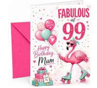 Mum 99th Birthday Card Flamingo on Roller Skates & Balloons | Large A5 Card with Printed Inside Message; Bright pink and teal with a roller-skating flamingo for Mum 99th Birthday