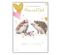 Mum and Dad Anniversary Card - Special Finish - Hedgehog Couple Artistic Design - Eco-Friendly - Recyclable