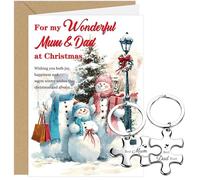 Mum and Dad Christmas Card, Snowman Scene Greeting Card with Loving Message, Puzzle Keychains “Best Mum Ever & Best Dad Ever”, Christmas Gifts for Parents