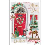 Mum and Dad Christmas Card - Special Mum and Dad - Festive Front Door and Reindeer - Contemporary Artistic Festive Design - Special Finishes and Illustrated Insert Leaf - Made in the UK