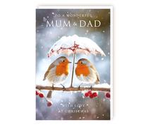 Mum and Dad Christmas Card - Wonderful Mum & Dad - Robins Under a Snowy Umbrella - Festive Design - Made in the UK - Eco-Friendly