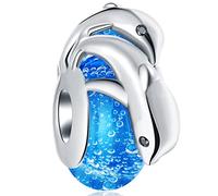 Mum/Baby Sea Dolphins on Blue Murano Glass Charm Beads, Fit Pandora Ocean Bracelet, 925 Sterling Silver Playful Dolphins Charms, First Mothers Day Gift for Daughter/Son/Girl/Boy
