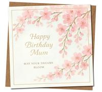 Mum Birthday Card, Cherry Blossom Floral Design, 145mm x 145mm, Elegant ‘Happy Birthday Mum’ ‘May Your Dreams Bloom’, Square Greeting Card, Includes Kraft Envelope