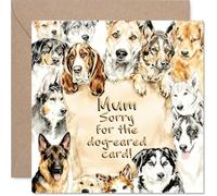 Mum Birthday Card - Dog Eared - Happy Birthday Card for Mum from Son Daughter, 145mm Watercolor Style Pet Design Bday Greeting Cards