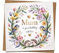Mum Birthday Card - Floral Wreath with Birds & Hedgehogs, Gold Hearts Design, 145mm x 145mm Square, Includes Kraft Envelope, Cute Mother Birthday Greeting