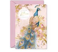 Mum Birthday Card - Gold Peacock - Beautiful Happy Birthday Card for Mum from Daughter Son, 5x7 Inch Female Bird Bday Golden Mothers Day Greeting Cards