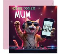 Mum Birthday Card - Party DJ Cat - Happy Birthday Card for Mum from Son Daughter, 145mm deejay cat Bday Greeting Cards