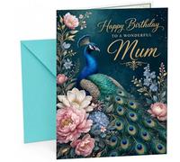 Mum Birthday Card Peacock and Flowers on Teal Background | Large A5 Card with Printed Inside Message; Detailed peacock surrounded by pink for Mum Birthday