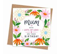 Mum Birthday Card with Envelope, Colourful Floral Design and Lots of Love from Daughter or Son, Bright Modern Greeting Featuring Daisies and Coneflowers for a Wonderful Mother on Her Special Birthday