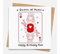 Mum Birthday Card with Envelope, Queen of Mums Playing Card Design, Happy Birthday Mum Card from Daughter or Son, Funny and Loving Birthday Greeting for Her, Red Queen of Hearts Style