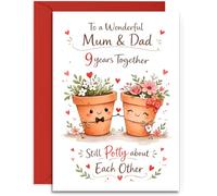 Mum & Dad 9th Anniversary Card - Cute Plant Pots and Hearts Design - 9th Pottery Anniversary Card - A5 Size Card with Red Envelope