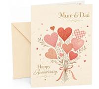 Mum & Dad Anniversary Card Heart Bouquet Illustration | Large A5 Card with Printed Inside Message; Sweet heart-bouquet illustration on a cream background for Mum & Dad Anniversary