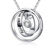 Mum Gifts Sterling Silver Engraved Three Ring Pendant Necklace Jewellery for Mum (E Always my mother forever my friend)
