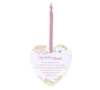 Mum Hanging Heart Ceramic Sentiment Plaque - Gift Idea - Loving & Heartfelt Words - 'My Perfect Mum' - Floral Hummingbird Design