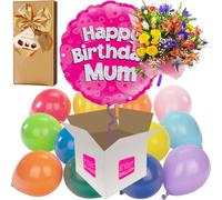 Mum Happy Birthday Helium Inflated Balloon with 12 Mini Colourful Air-Filled Balloons, Hamlet Chocolates and Large Fresh Flower Bouquet to Suit all delivered in a box