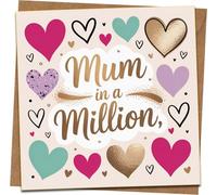 Mum in a Million Greeting Card, 145mm x 145mm Square Mother’s Day/Birthday Card with Kraft Envelope, Cute Heart Design