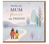 Mum Mother's Day Card - Firstly My Mum Forever My Friend, Winter Walk Illustration with Stars - Heartfelt Card for from Son or Daughter