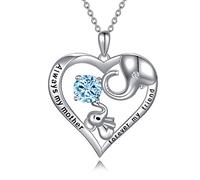 Mum Necklace Sterling Silver Love Heart Lucky Elephant Necklace with Birthstone Crystals, Birthday Mothers Day Jewellery Gifts for Mum from Daughter Son (Simulated Aquamarine)