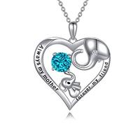 Mum Necklace Sterling Silver Love Heart Lucky Elephant Necklace with Birthstone Crystals, Birthday Mothers Day Jewellery Gifts for Mum from Daughter Son (Simulated Blue Zircon)
