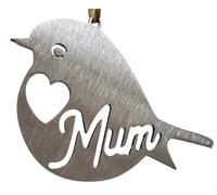 Mum Stainless Steel Robin with Heart Hanging Ornament Gift. 11cm x 7cm. Suitable for Home or Garden and as a memorial piece