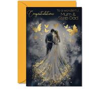 Mum & Step Dad Wedding Card, Gold Butterflies Happy Couple