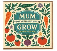 Mum Thank You For Helping Me Grow Mother's Day Card - Veg Patch Illustration with Carrots, Tomatoes & Peas - Cute Heartfelt Card for Mum