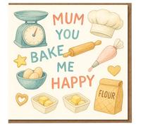 Mum You Bake Me Happy Card - Cute Baking Pun Mother’s Day Card for Mum with Rolling Pin, Piping Bag, Chef Hat and Kitchen Icons