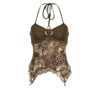 MUMAMCY Streetwear Grunge Printed Halter Top Camisole Vintage Backless Party Summer Crop Tops Women 2000s (Brown,L)