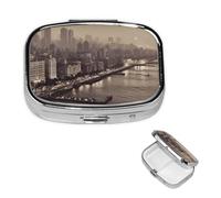 Mumbai City of Dreams Pill Box 2 Compartment Square Portable Pill Case for Pocket or Purse Small Weekly Medicine Planner Travel Pillbox with Mirror Decorative Metal Vitamin Holder Gifts